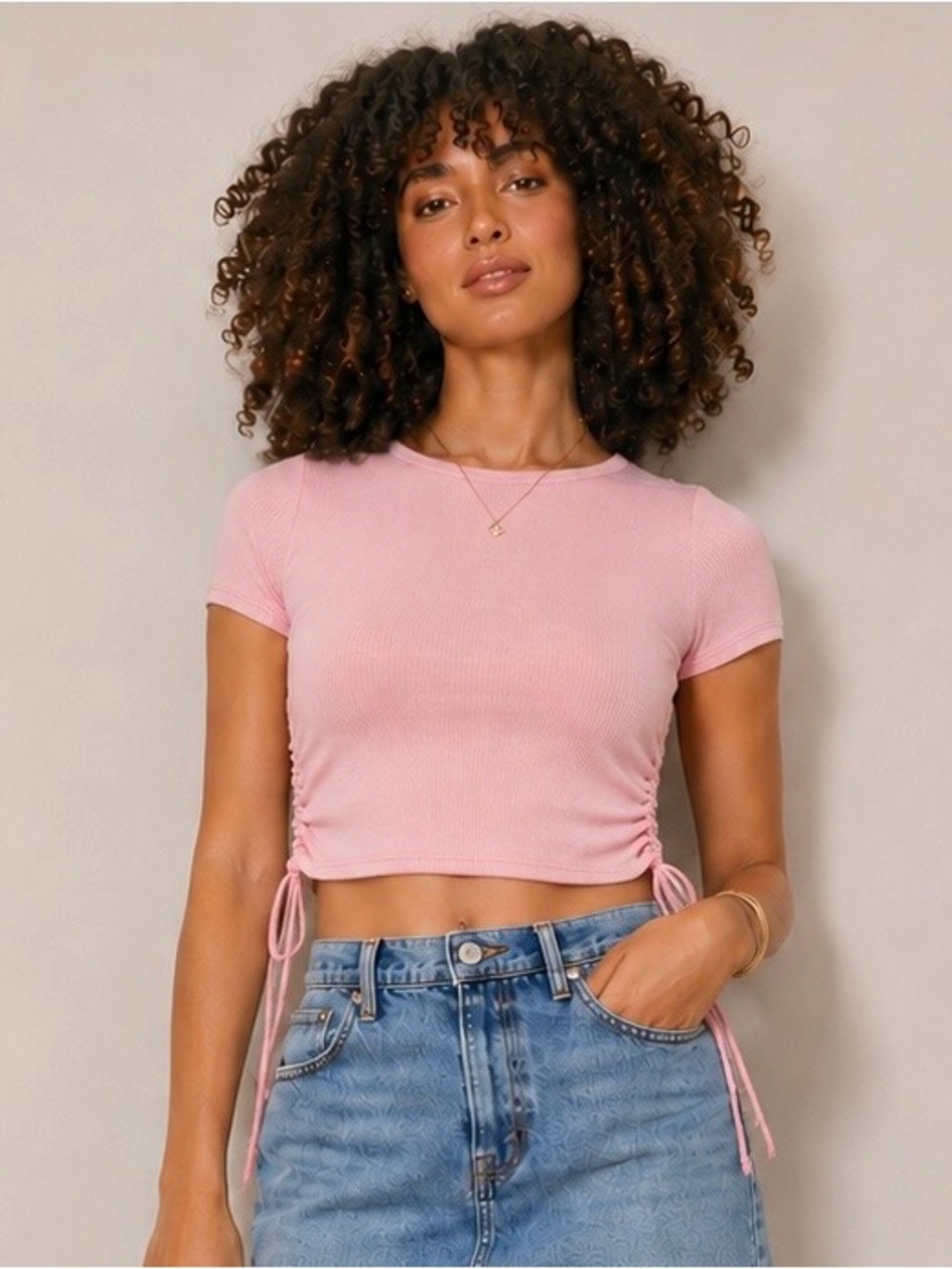 Love J Pink Ribbed Ruched Side Crop Top Short Sleeve Stretch Tee Women’s M